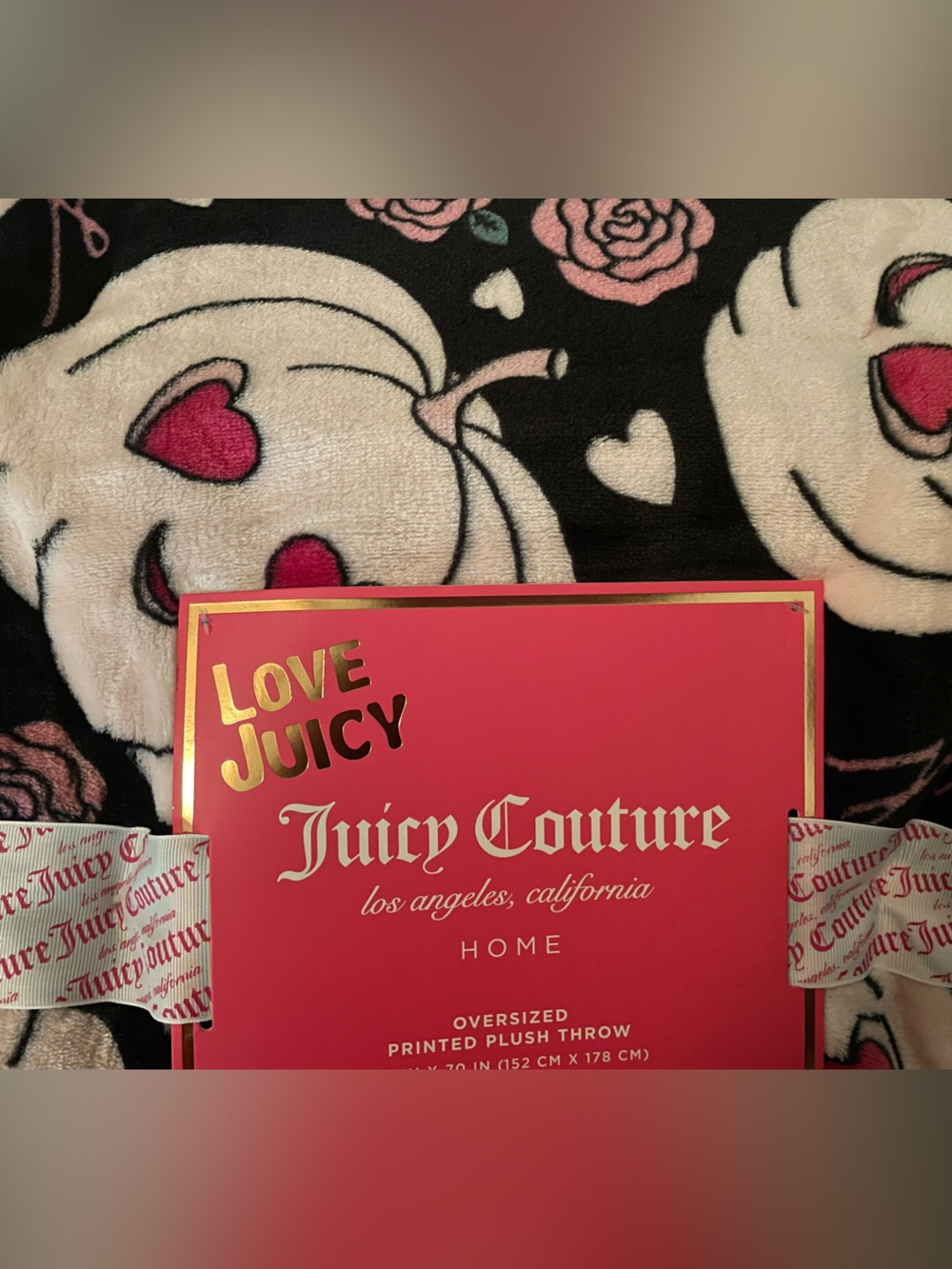 Juicy Couture Black Plush Throw with Pink & Cream Heart Faces
